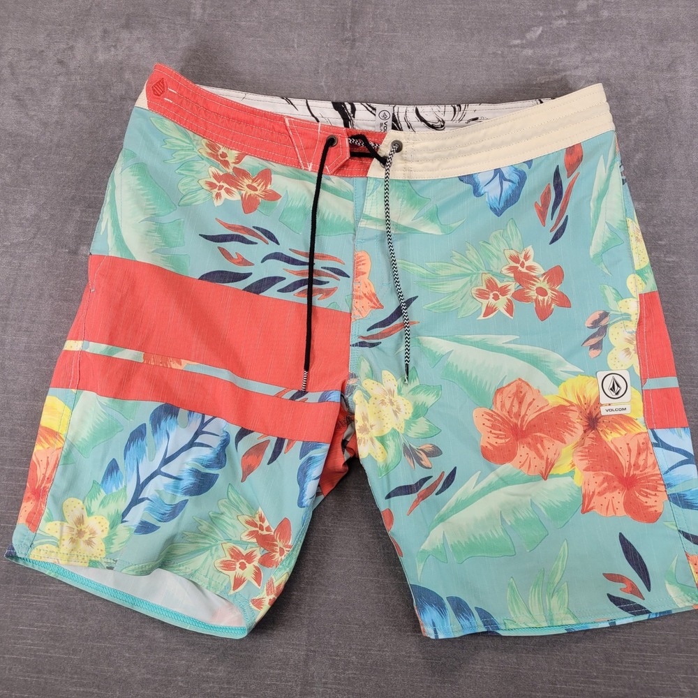 Volcom Slingers Mens Board Shorts Size 36 Blue Coral Floral Hibiscus Swim Trunks